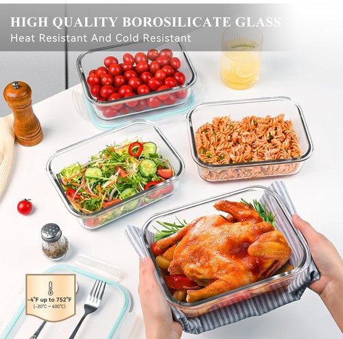 GEHE 4 Pack Large Glass Food Storage Containers - 52 oz Airtight Meal Prep & Baking | BPA Free, Microwave & Oven Safe