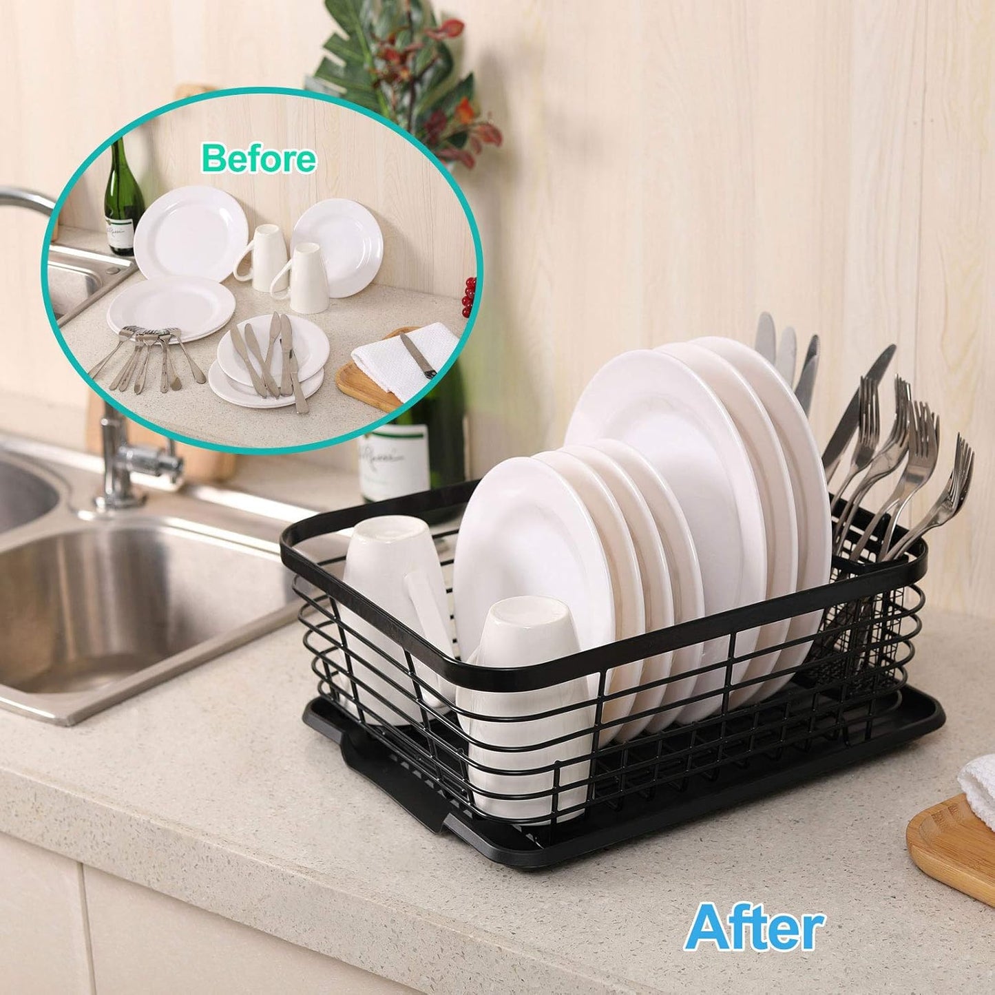 TQVAI Kitchen Dish Drainer Rack - Includes Drying Board & Full-Mesh Utensils Holder | Black Finish