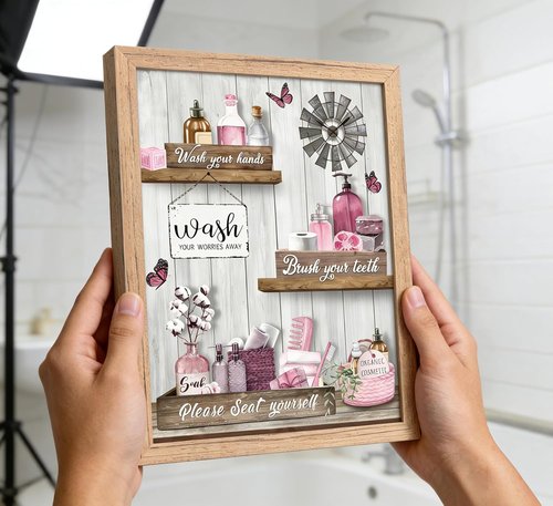Farmhouse Bathroom Wall Art by Pink - 'Please Seat Yourself' Canvas Print | Modern Framed Decor