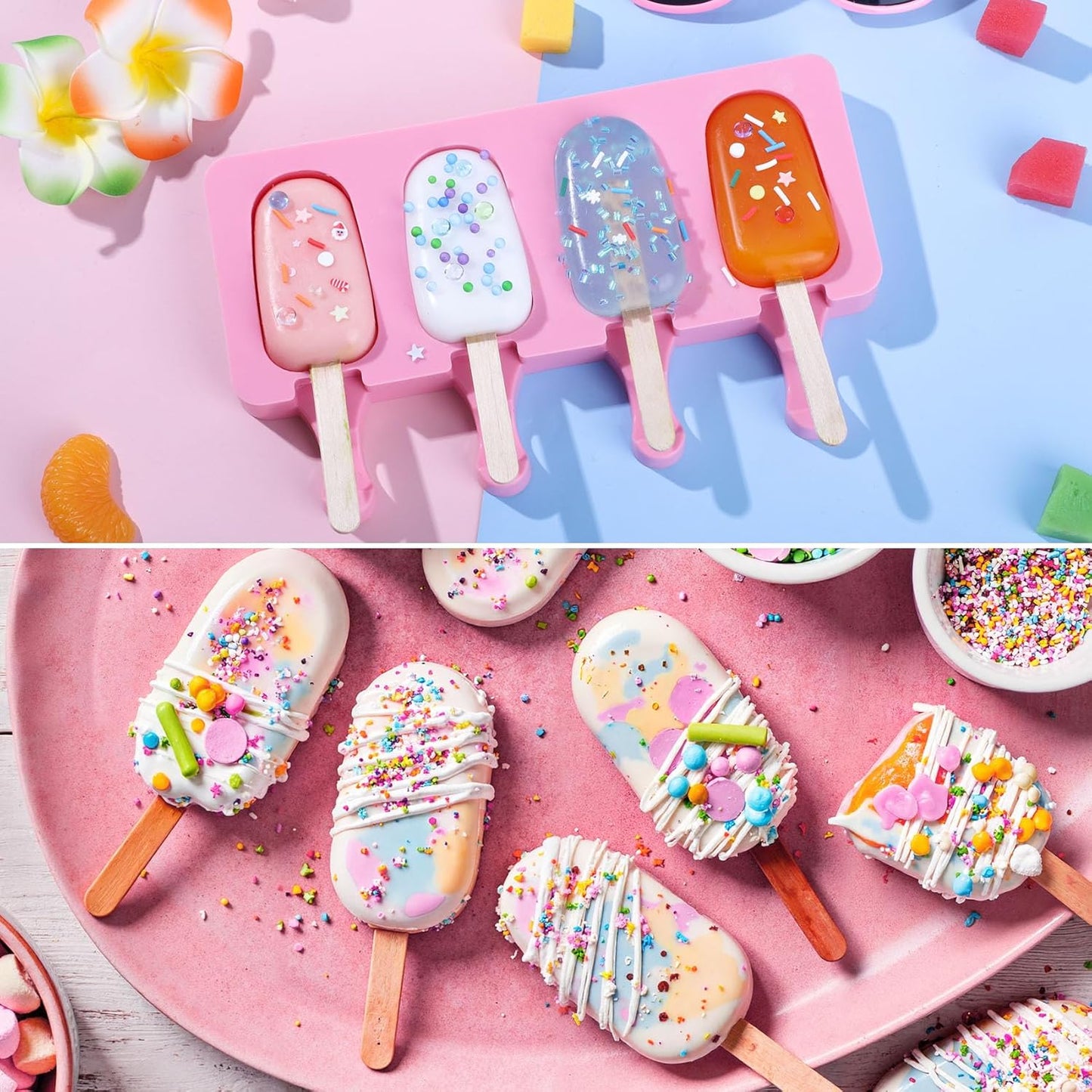 Ouddy Popsicle Molds - Silicone Ice Pop Maker Set with 4 Cavities & 50 Wooden Sticks | Pink