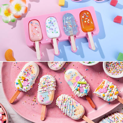 Ouddy Popsicle Molds - Silicone Ice Pop Maker Set with 4 Cavities & 50 Wooden Sticks | Pink