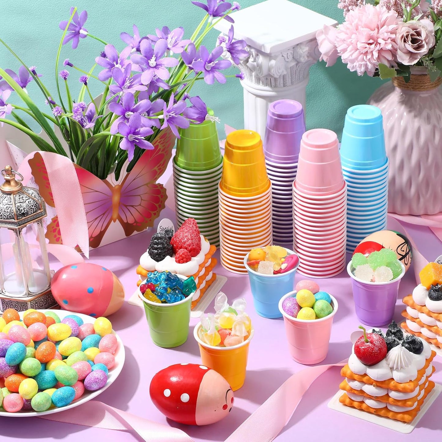 Roshtia 100 Pack 2 Oz Plastic Shot Cups - Mini Disposable Party Glasses for Weddings & Events | Multicolor