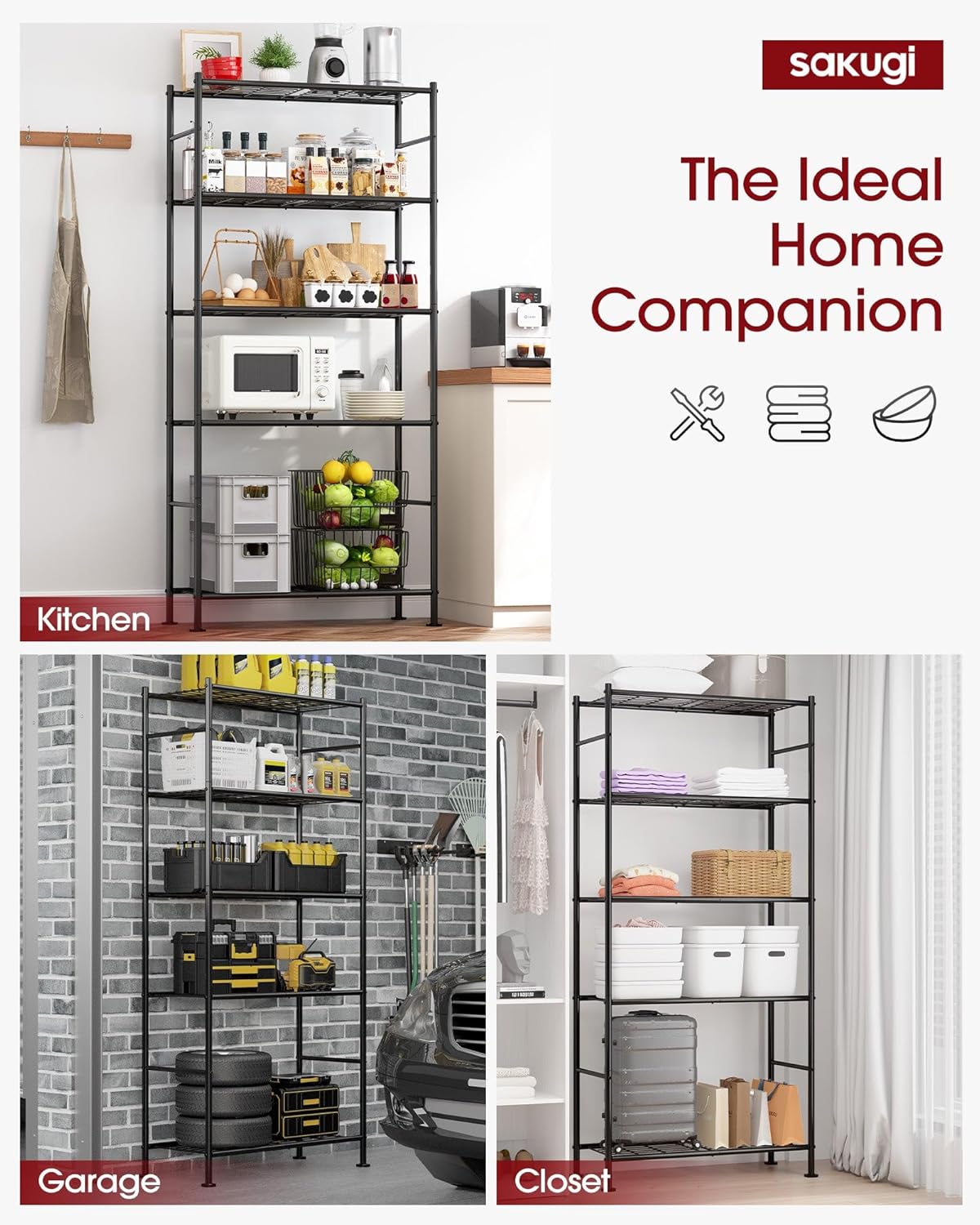 Sakugi Storage Shelves - Heavy Duty 5-Tier Shelf Organizer for Garage, Kitchen & Pantry | 33"W x 12.6"D x 72"H, Black