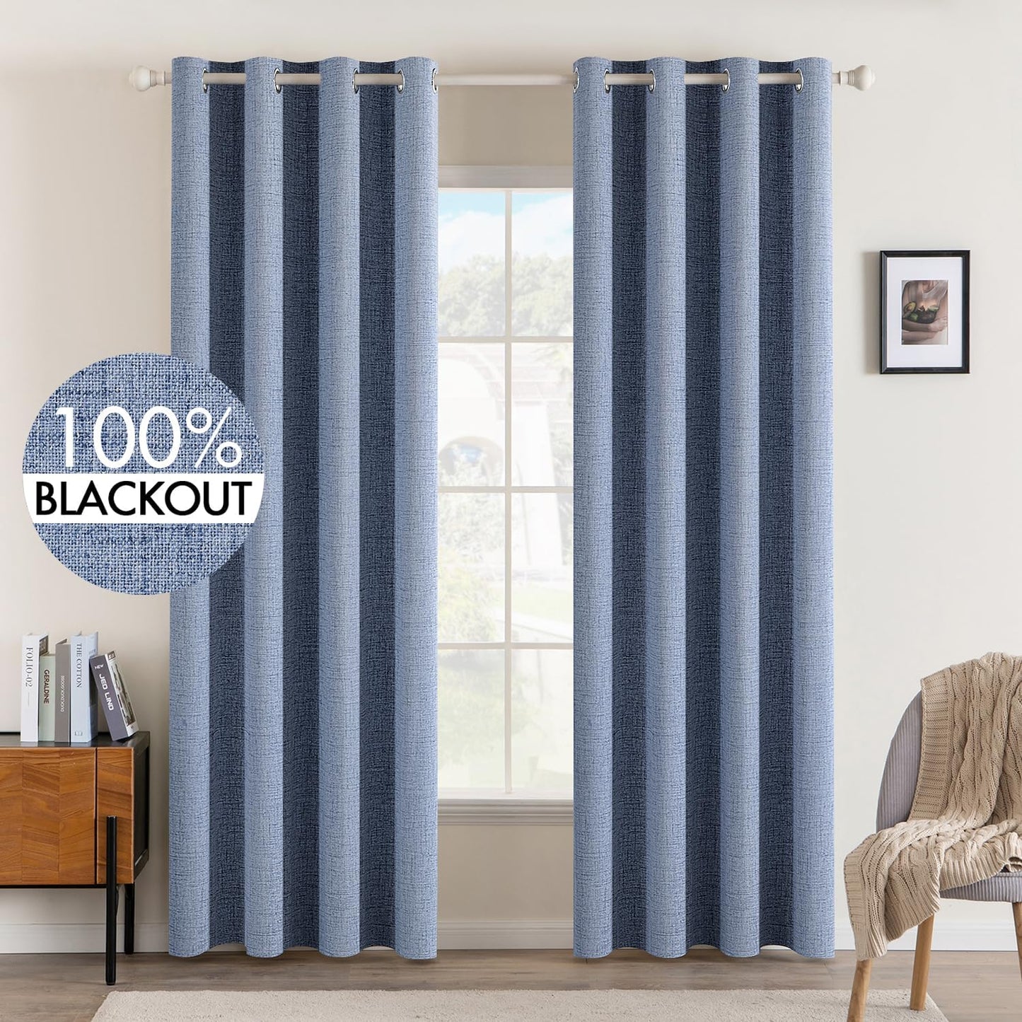 MIULEE Blackout Curtains - 100% Thermal Insulated Linen Texture Drapes | Stone Blue, 52x90 Inch (2 Panels)