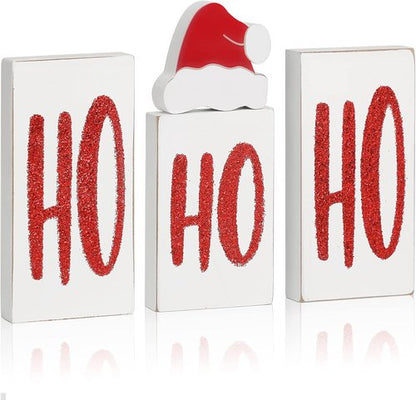 Ho Wood Christmas Blocks - Festive Wooden Tabletop Signs for Holiday Decor | 4 Pieces (White)