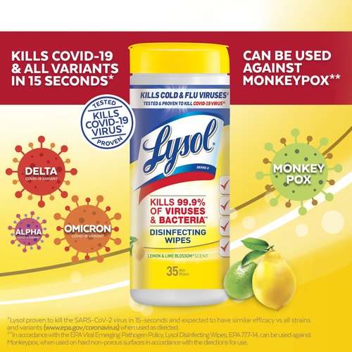 Lysol Disinfectant Wipes, Multi-Surface Antibacterial Cleaning Wipes, Dorm Room Essentials For Disinfecting and Cleaning, Lemon and Lime Blossom, 35 Count (Pack of 3)