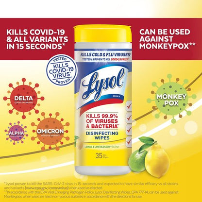 Lysol Disinfectant Wipes, Multi-Surface Antibacterial Cleaning Wipes, Dorm Room Essentials For Disinfecting and Cleaning, Lemon and Lime Blossom, 35 Count (Pack of 3)