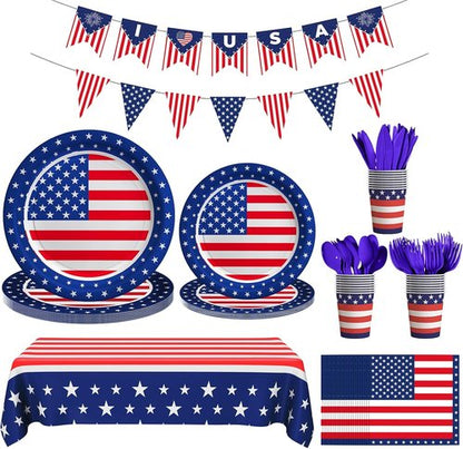American Flag Party Decorations - 170 Pcs Patriotic Set with Banner, Plates, Cups & More for 24 Guests