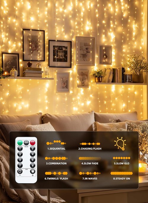 Brightown 300 LED Fairy Curtain Lights - 9.8ft Warm White String Lights with Remote | 8 Lighting Modes for Indoor Decor