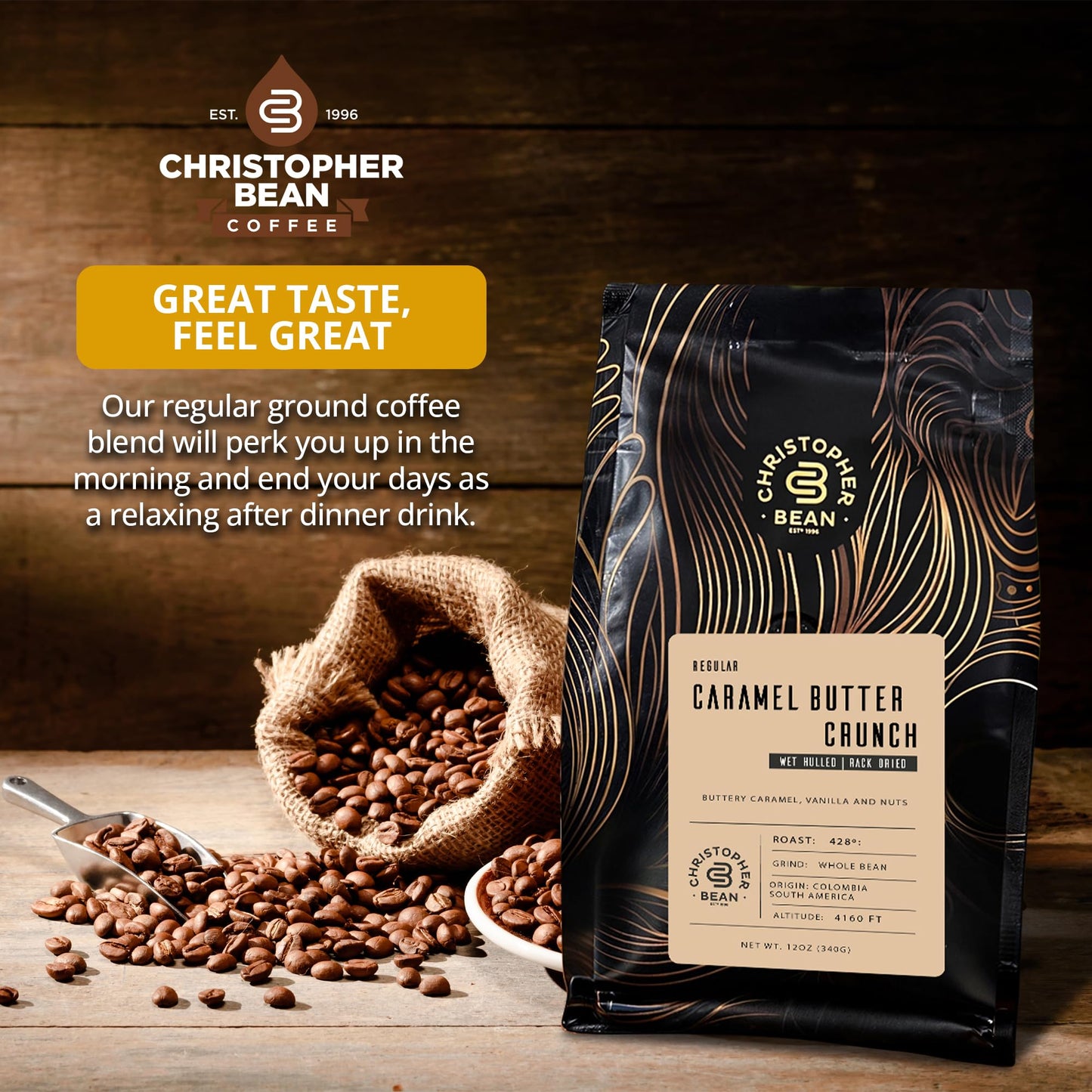 Christopher Bean Coffee - Caramel Butter Crunch Flavored Coffee, (Regular Whole Bean) 100% Arabica, No Sugar, No Fats, Made with Non-GMO Flavorings, 12-Ounce Bag of Regular Whole Bean coffee