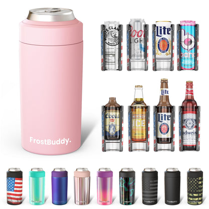 Frost Buddy Universal Can Cooler - Fits all - Stainless Steel Can Cooler for 12 oz & 16 oz Regular or Slim Cans & Bottles - Stainless Steel