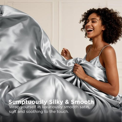 Bedsure Satin Sheets - 4-Piece Queen Size Silky Bedding Set with Deep Pocket & Elastic Straps | Silver Grey