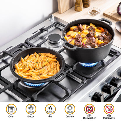 Velaze Cast Iron Dutch Oven Pot with Skillet Lid, 2-in-1 Pre-Seasoned Dual Handle Cast Iron Pan for Bread Baking, Frying, and Camping - Black 5QT