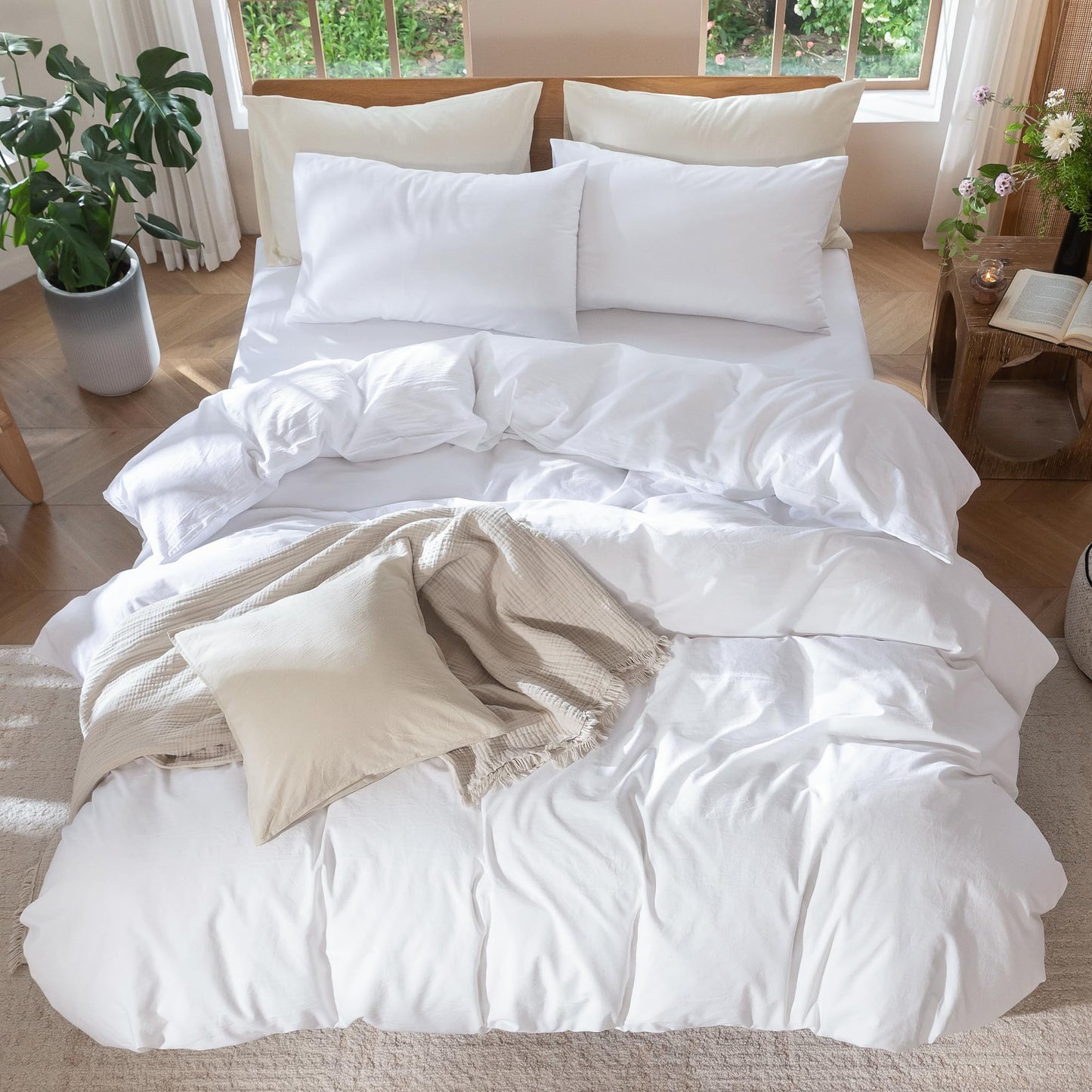 MooMee Bedding Duvet Cover Set 100% Washed Cotton Linen Like Textured Breathable Durable Soft Comfy (Solid Bright White, Queen 90"x90")
