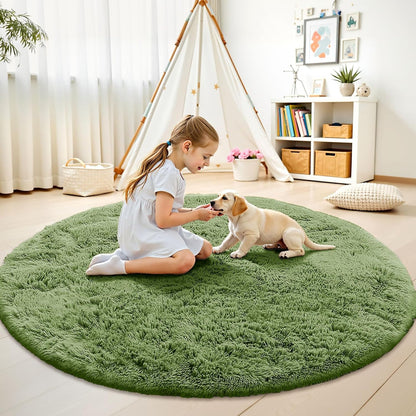 OLANLY Green Round Area Rug - Soft, Fluffy, Machine Washable 9 ft Circle Carpet for Bedroom & Living Room