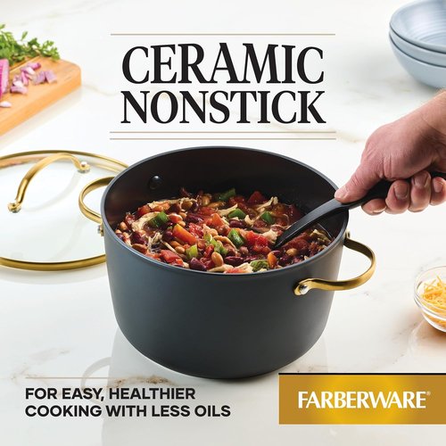 Farberware Forged Induction Ceramic Nonstick Stockpot - 6 Quart, Dishwasher Safe, Black & Gold