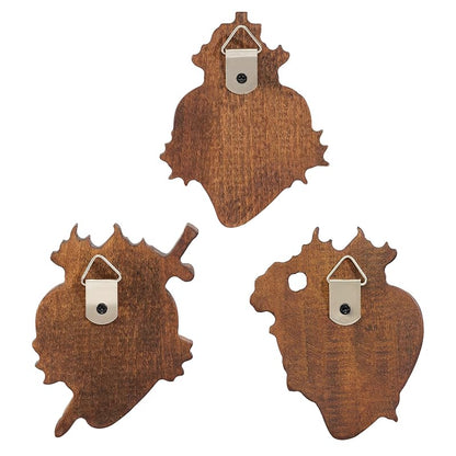 Wooden Three Sacred Hearts Wall Decor - Holy Family Beech Wood 4 Inch, Handmade
