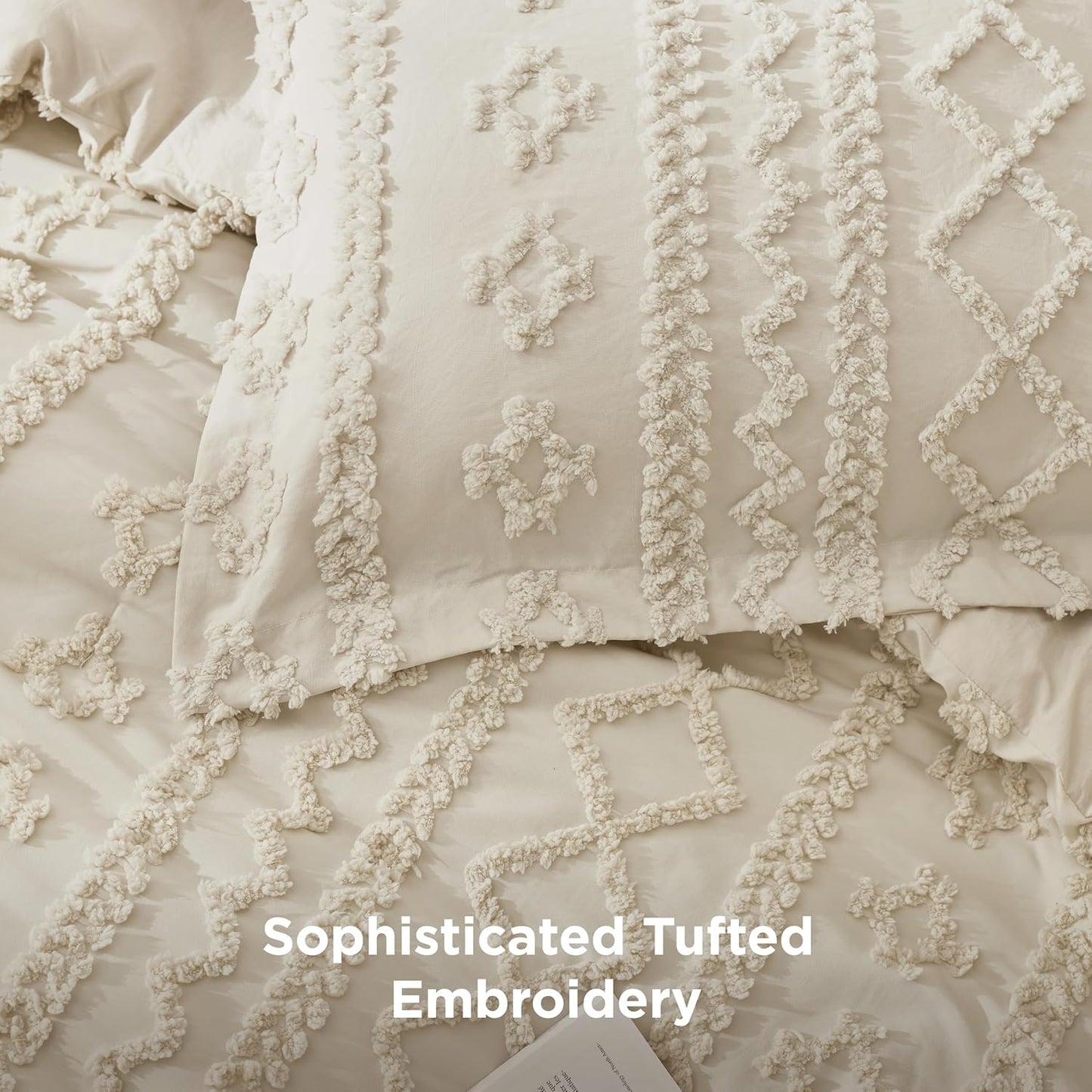 Bedsure Tufted Boho Comforter Set - Queen Size Beige Bedding | GentleSoft™ 3-Piece Farmhouse Embroidery Set