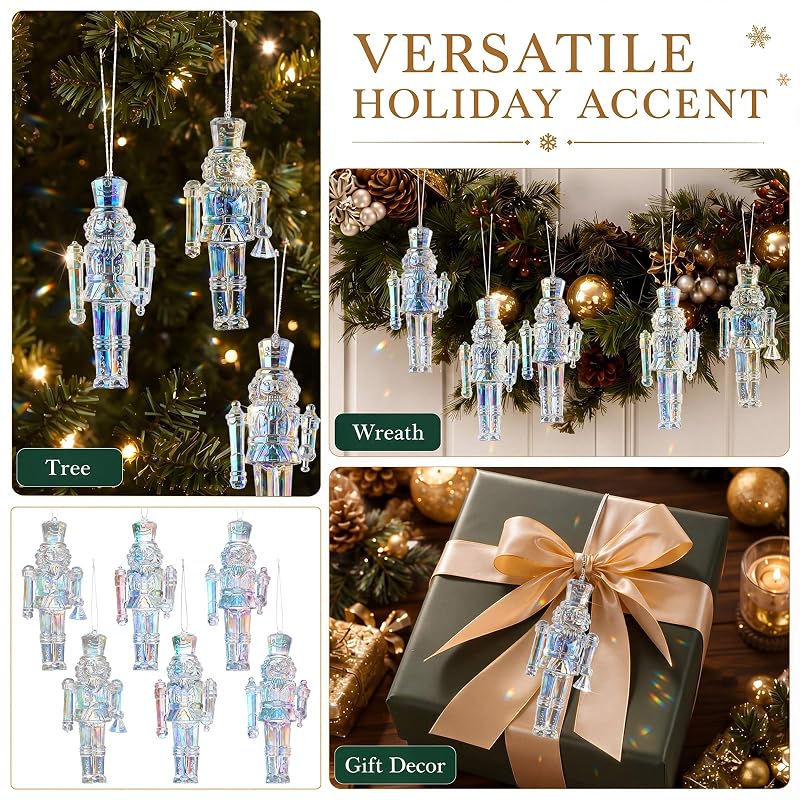 Iridescent Nutcracker Ornaments, 6-Piece Set, 4.7 Inch Acrylic Christmas Decorations