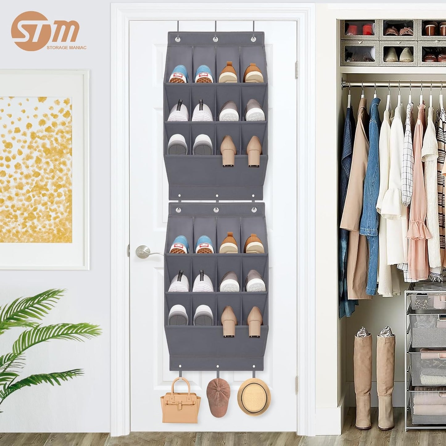 Storage Maniac Over Door Shoe Organizers - 12 Large Pockets for Closet & Dorm | Grey Hanging Rack