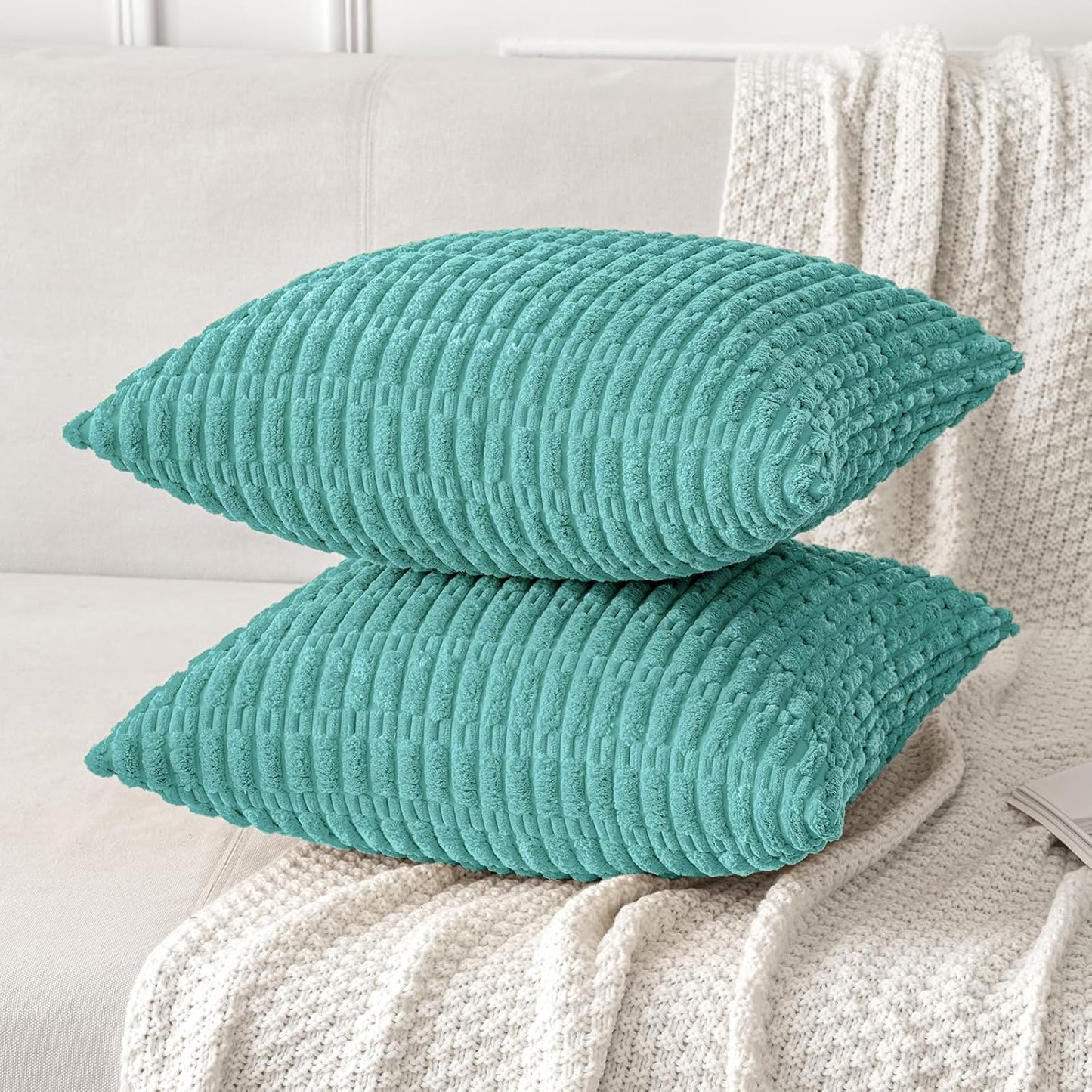 MIULEE Corduroy Throw Pillow Covers - Soft Boho Striped Design | 18x18 Inch Aqua Green for Modern Farmhouse Decor