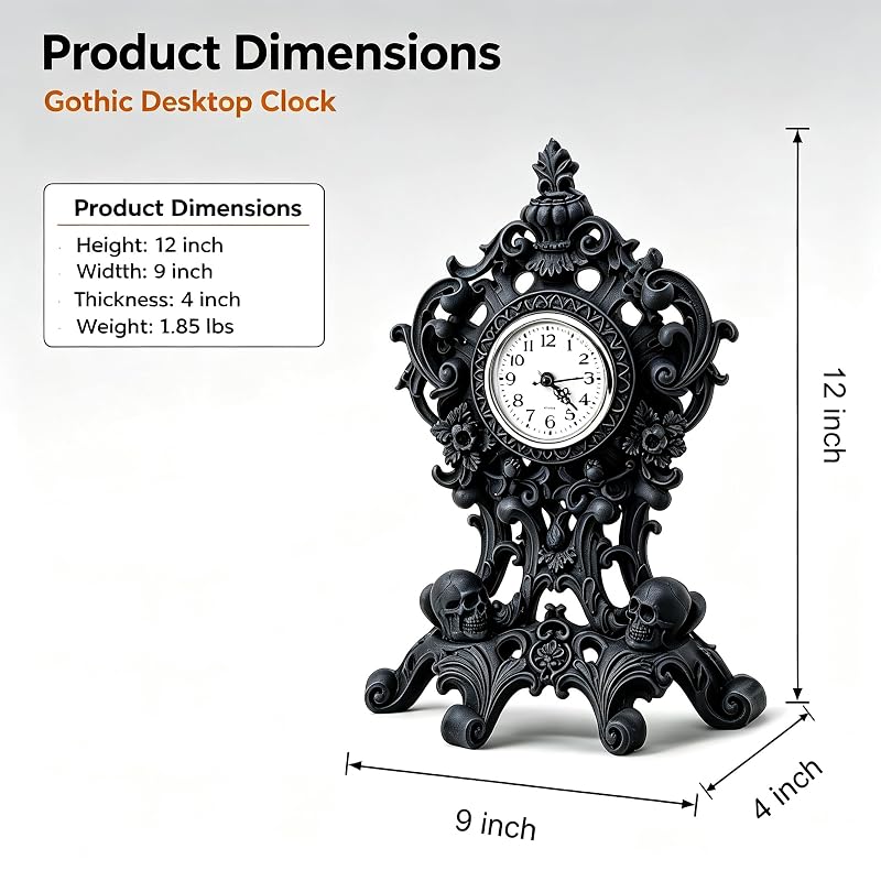 Halloween Skull Wall Clock - Resin Skeleton Tabletop Clock, Black Variant