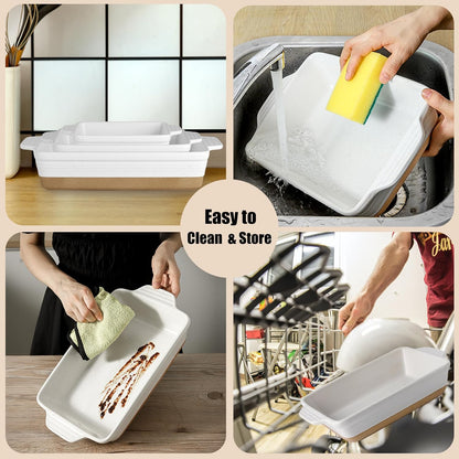 Regine Switzerland Ceramic Baking Dish - Extra Deep Casserole Set of 3 | Easy to Clean, 14.7 x 8.7 x 3 Inches, White