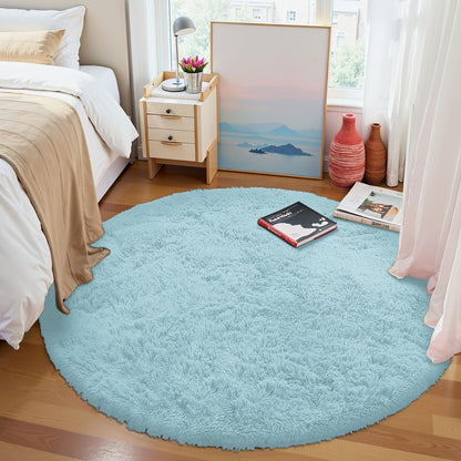 OLANLY Light Blue Round Rugs for Bedroom - Machine Washable, 4 ft Circle Area Rugs for Living Room, Soft and Fluffy Shaggy Carpet for Teen Girl and Boys, Nursery Rooms, Dorms, Home Decor Aesthetic