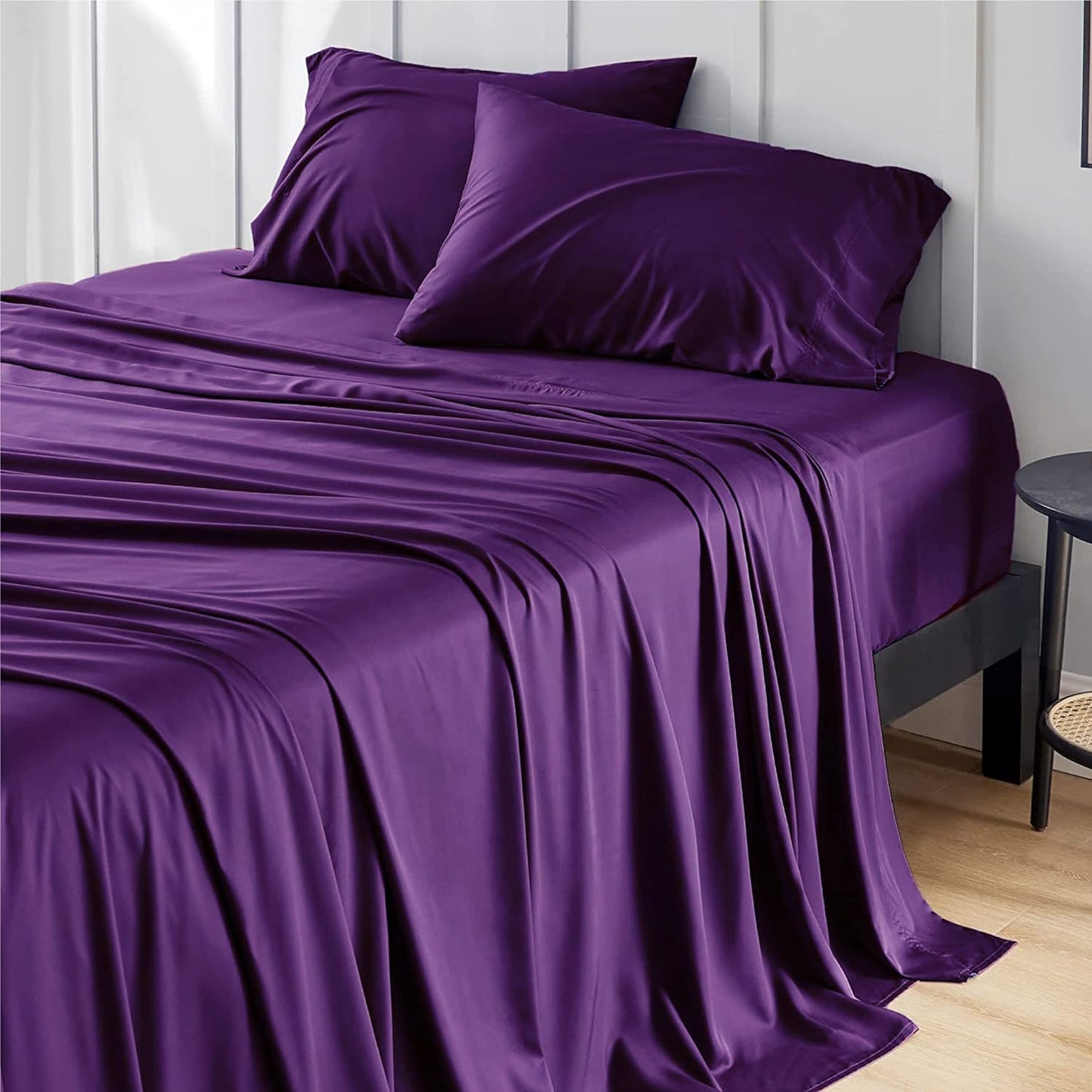 Bedsure Cooling California King Sheet Set - Breathable Rayon from Bamboo, Soft & Luxurious, Deep Pocket, Plum
