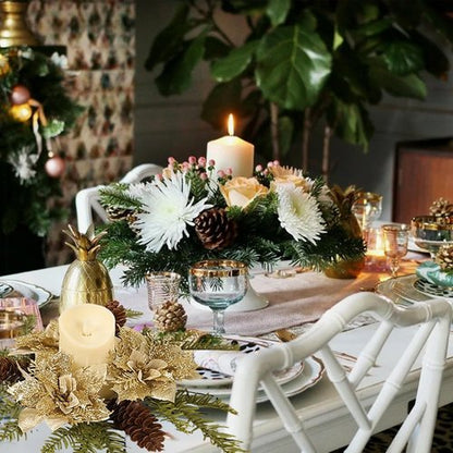Christmas Candle Ring - Artificial Golden Flower & Pine Wreath for Holiday Table Centerpiece