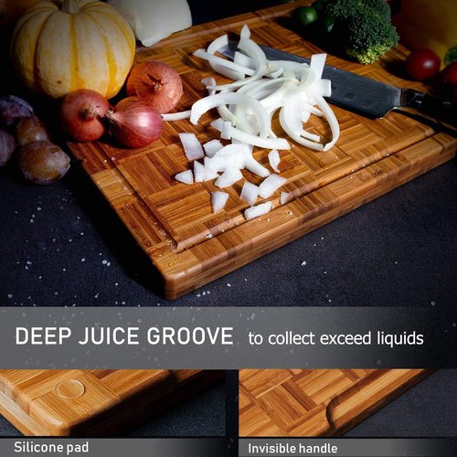 Kikcoin Extra Large Bamboo Cutting Boards - Set of 3 Chopping Boards with Juice Groove | Kitchen Butcher Block