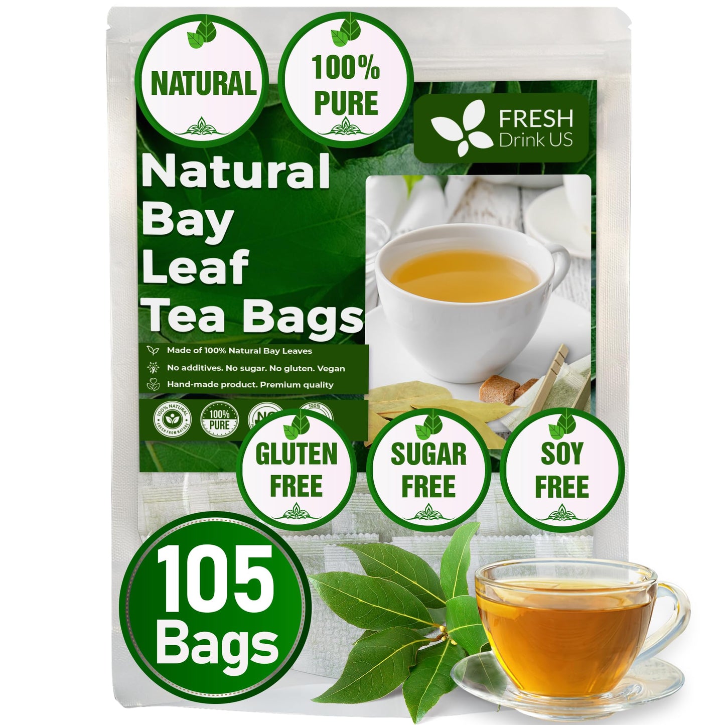 FreshDrinkUS, Premium 105 Bay Leaf Tea Bags, 100% Natural & Pure from Bay Leaves. Loose Leaf Bay Herbal Tea. Made with Natural Material Tea Bags, No Sugar, No Caffeine, No Gluten, Vegan.