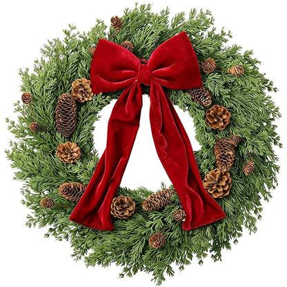 Christmas Wreath 24 Inch Front Door Artificial Pine Needle with Red Bow Pinecones