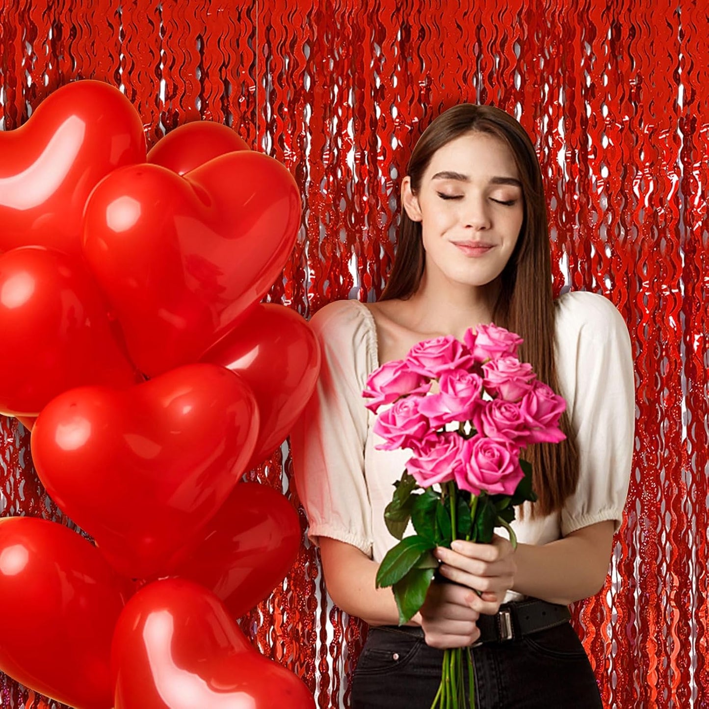 Red Tinsel Foil Fringe Curtains - Sparkling Wavy Backdrop for Parties & Events | Photo Booth Decor