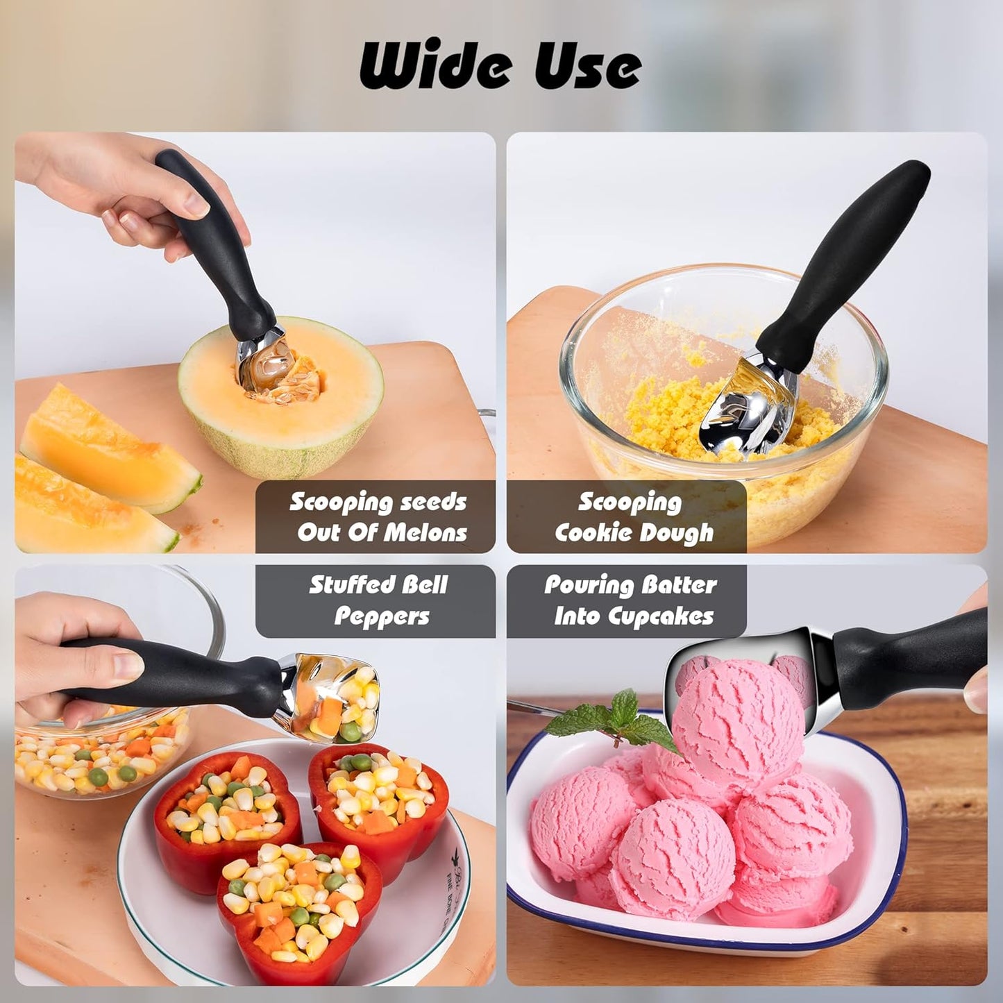 Rainspire Ice Cream Scoop - Heavy Duty Stainless Steel with Comfortable Handle | Black Color for Gelato and Sorbet