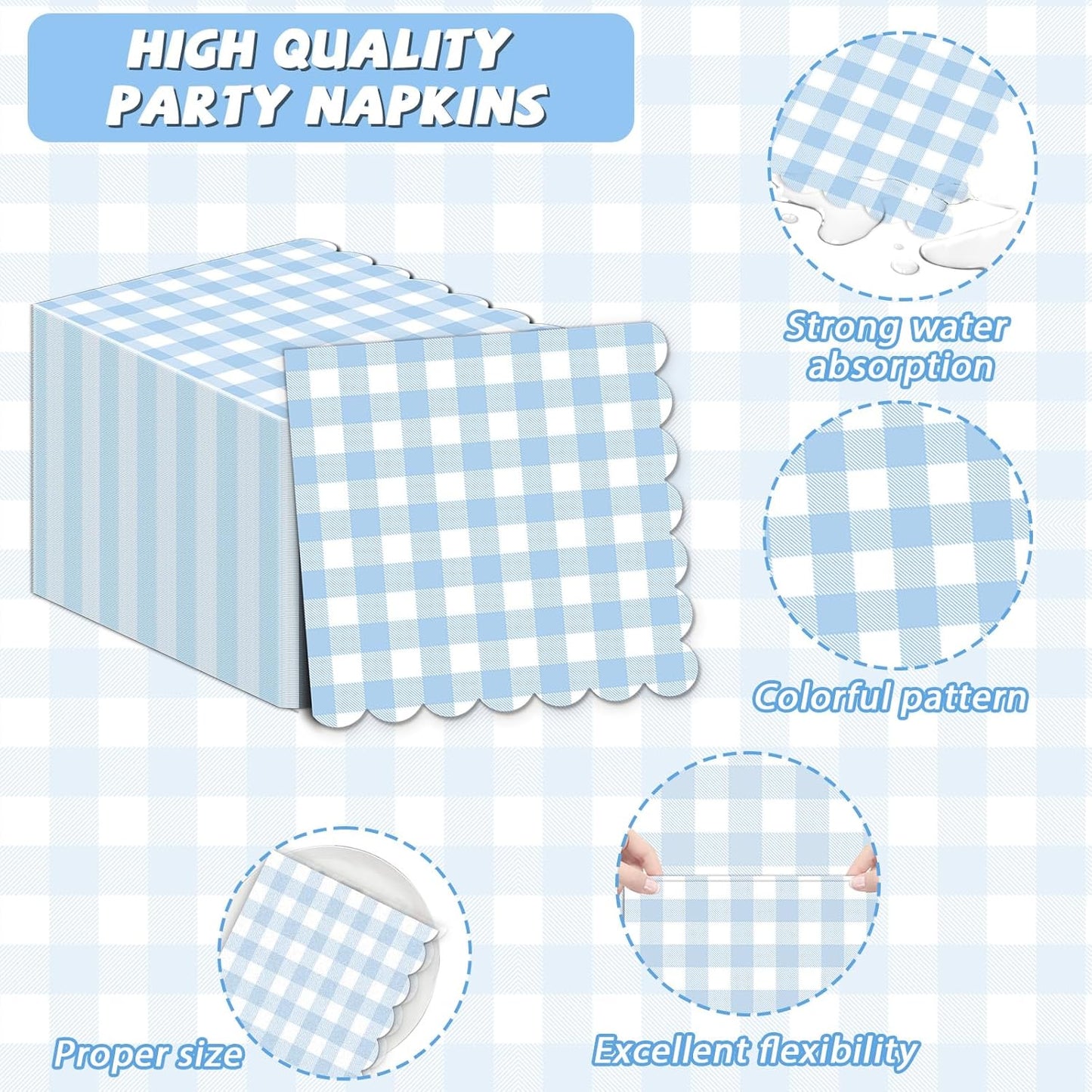 Skiennix 100Pcs Blue & White Scalloped Napkins - 6.5in Plaid Disposable Party Supplies for Weddings & Showers