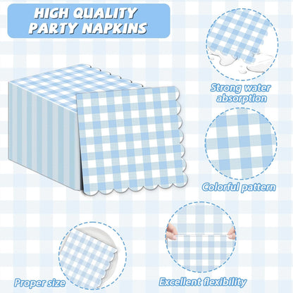Skiennix 100Pcs Blue & White Scalloped Napkins - 6.5in Plaid Disposable Party Supplies for Weddings & Showers