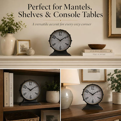 Large Vintage Mantel Clock - Black & Gold, Silent Metal Table Clock