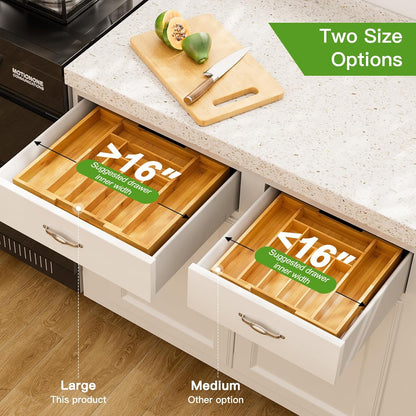 Pipishell Bamboo Silverware Organizer - Adjustable Utensil Tray for Kitchen & Home | Cutlery Holder