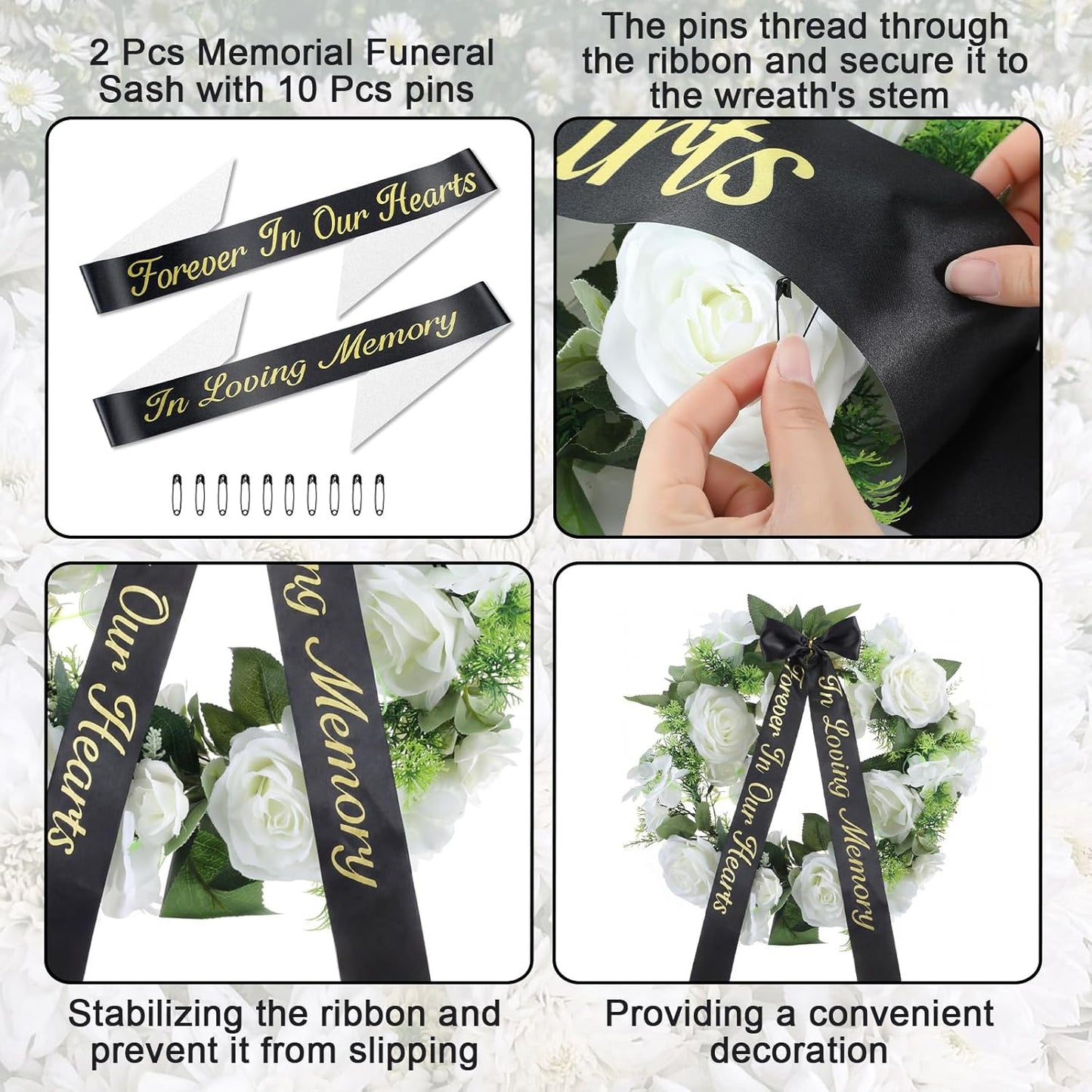 Norme Memorial Funeral Sash - 2 Pcs 63x3.8'' Satin Ribbon in Black for Casket Wreaths & Celebrations