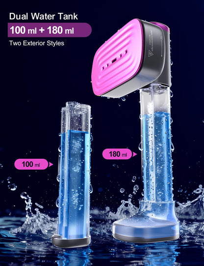 Travel Steamer for Clothes, with 2 Water Tanks (180 ml and 100 ml), Fast Heating, 24g/min Strong Steam, Mini Clothes irons LED Touch Display Dry Ironing, 1200W Portable Steamer ＆ Iron 2 In 1