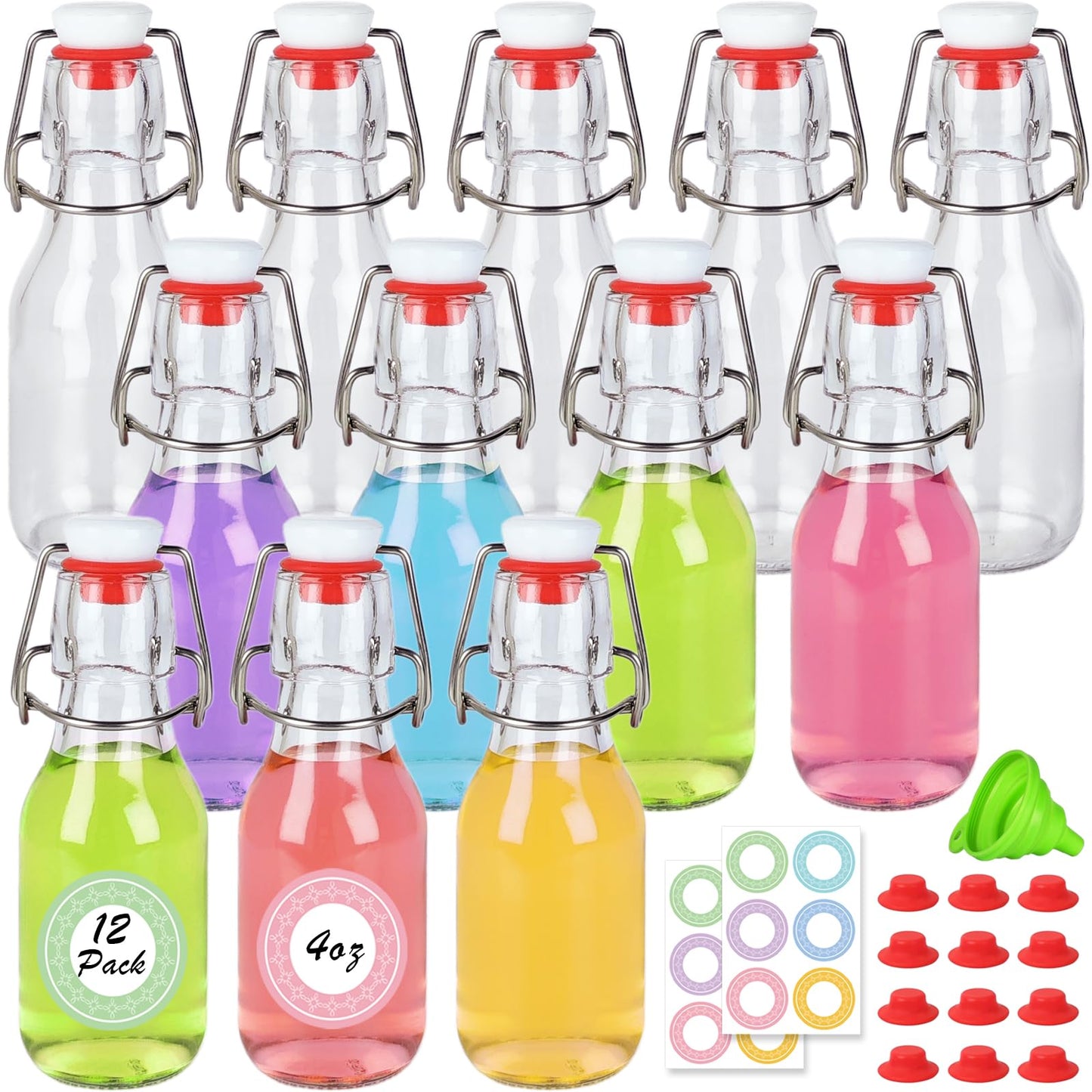 NEWMIAO 12 Pack 4 oz Swing Top Glass Bottles, 120 ml Glass Beer Bottles with Airtight Flip Lids Rubber Seal for Vanilla Extract, Home Brewing, 2nd Fermentation, Kombucha, Juice, Soda, Limoncello