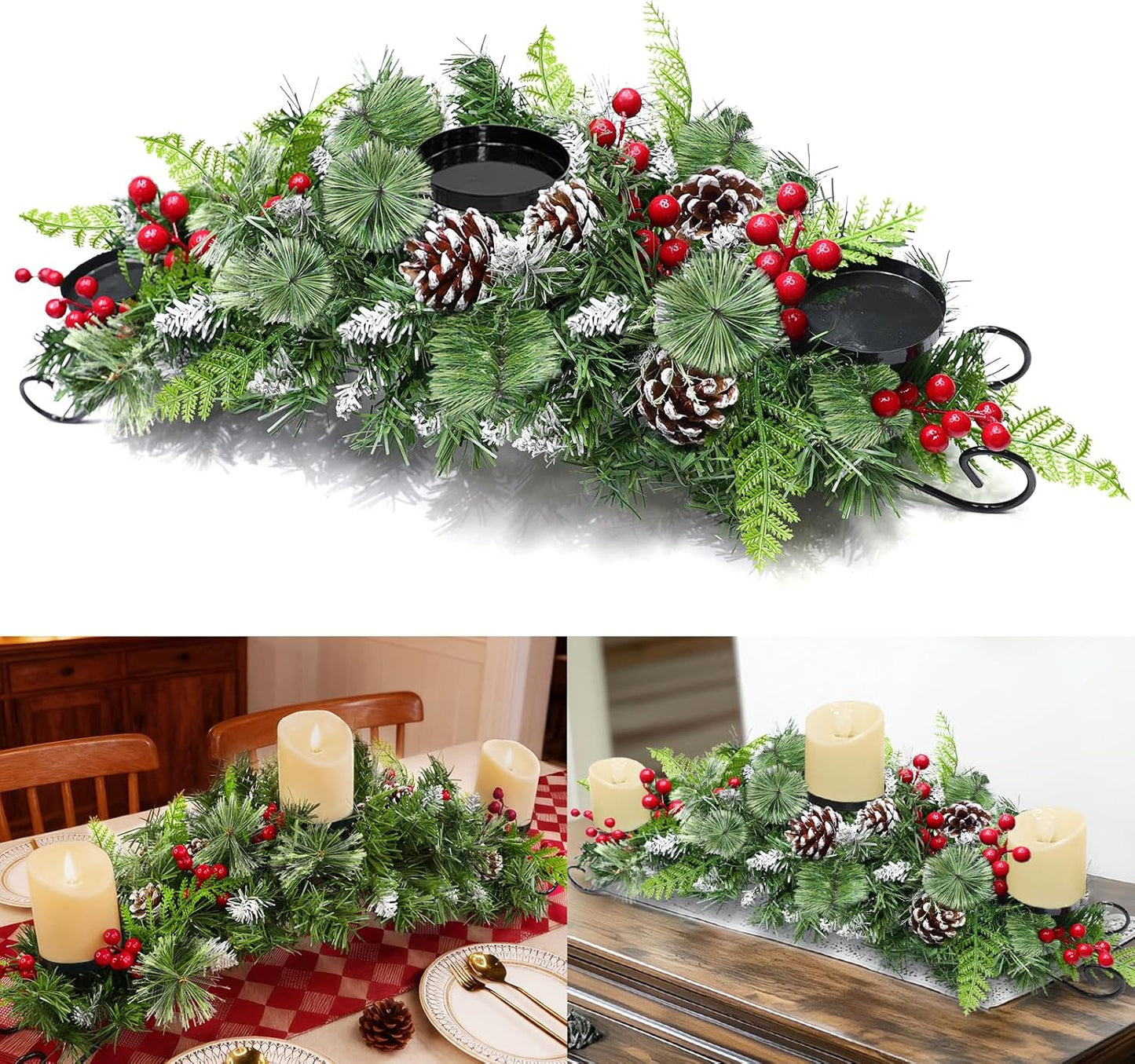 Regine Switzerland 30-Inch Christmas Table Centerpiece - 3 Candle Holders, Red Berry & Pinecone Decor