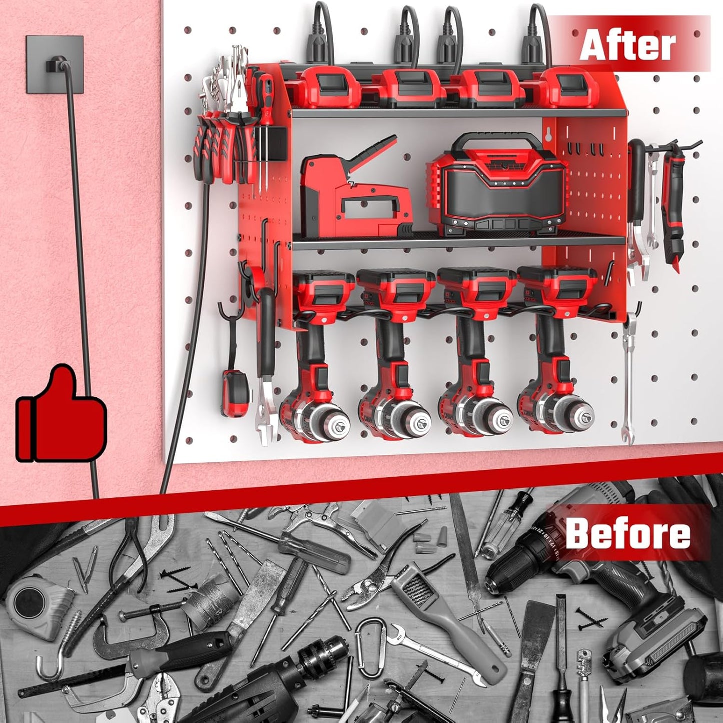 ZESEN Power Tool Organizer - Heavy-Duty 3-Layer Wall Mount Shelf with Charging Station & Hooks | Red