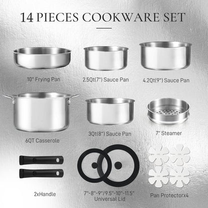CAROTE 14pcs Pots and Pans Set, Stainless Steel Cookware Set Detachable Handle, Induction Kitchen Cookware Sets with Removable Handle, RV Cookware Set, Oven Safe, Camping Cookware, Black