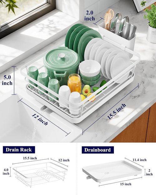 Kitsure Dish Drying Rack - Stainless Steel Kitchen Organizer with Cutlery Holder | 12"W x 15.5"L, White