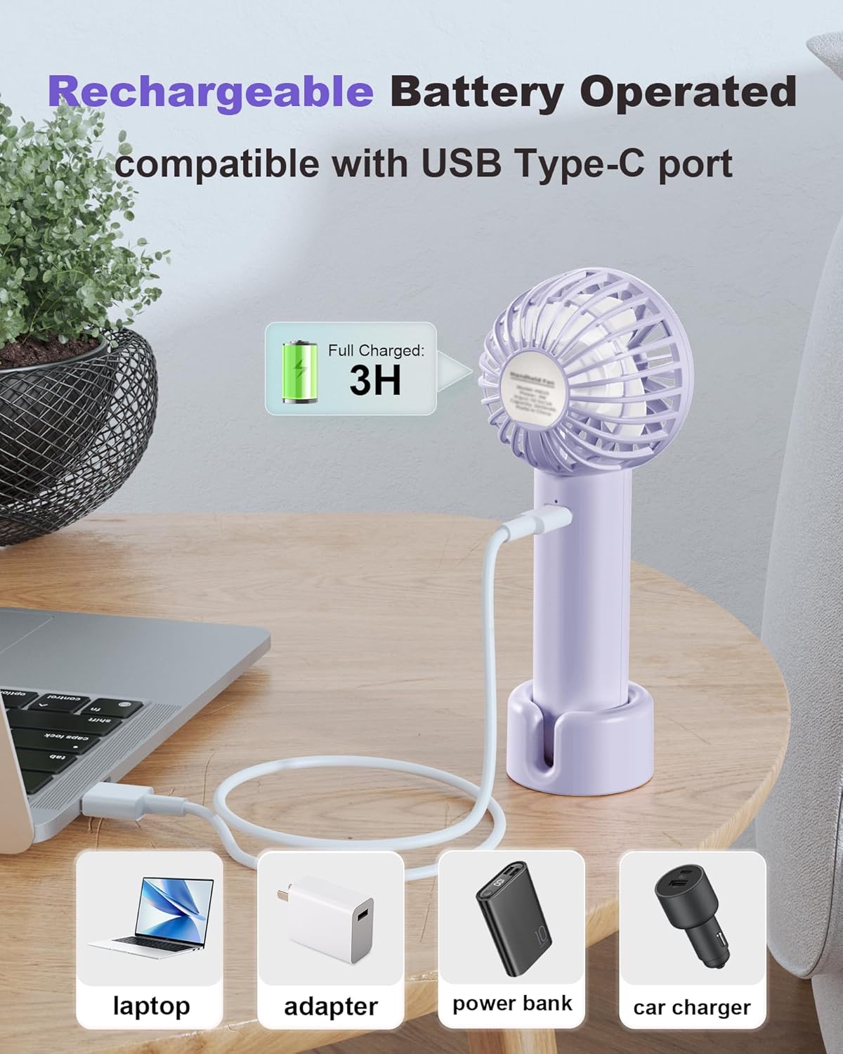 Skiennix Mini Handheld Fan - USB Rechargeable, 3-Speed Portable Design | Ideal for Makeup, Travel & Office - Purple