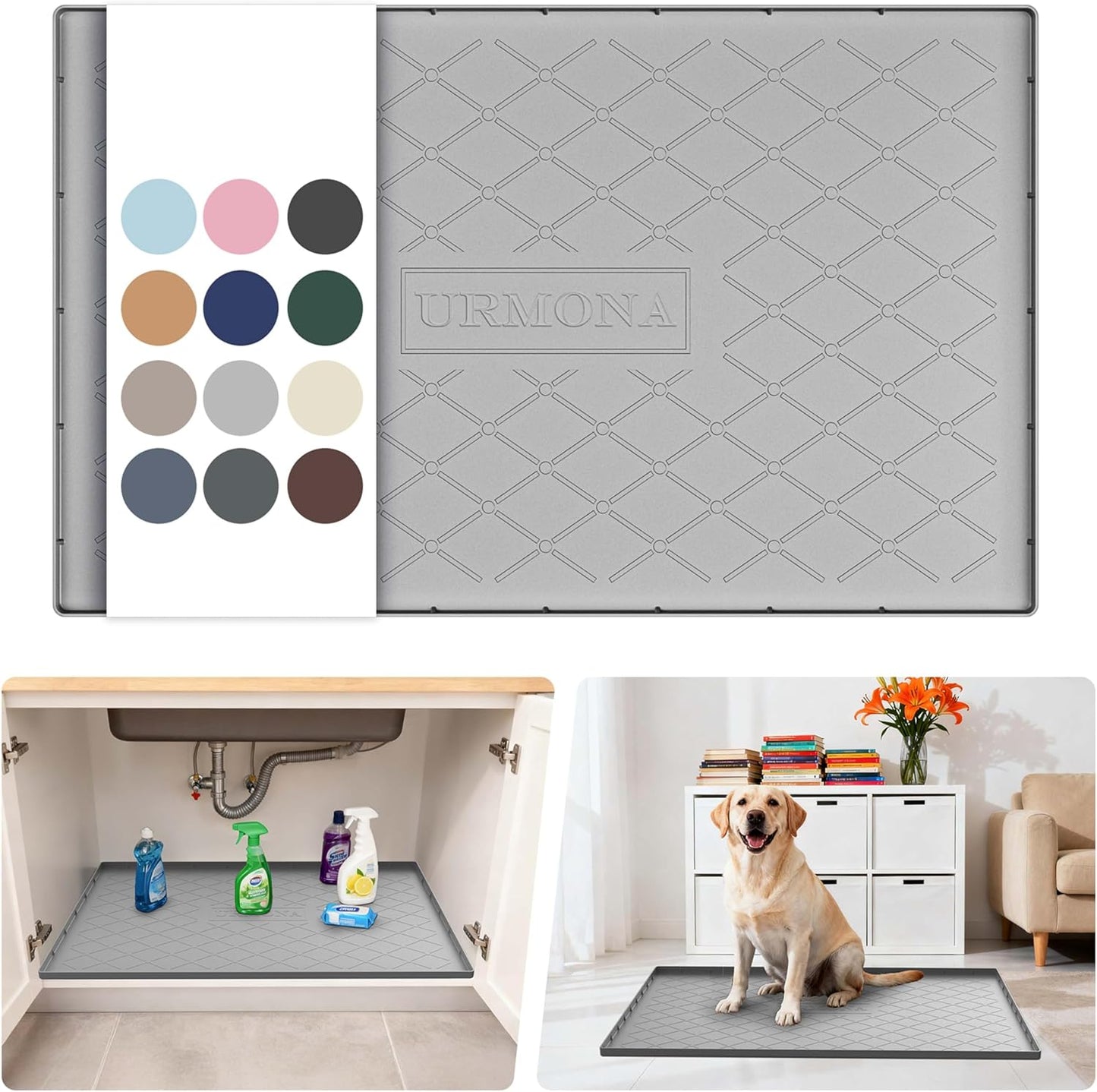 URMONA Waterproof Silicone Mat - 34" x 22" Under Sink Mat for Kitchen & Bathroom | Pet Food Pad in Light Grey