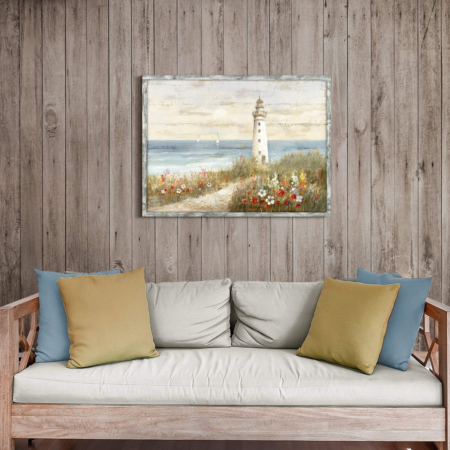 Lighthouse Framed Wooden Wall Art: Abstract Ocean Artwork Seascape Painting Beach Art Prints Coastal Pictures for Living Room 40"x30"