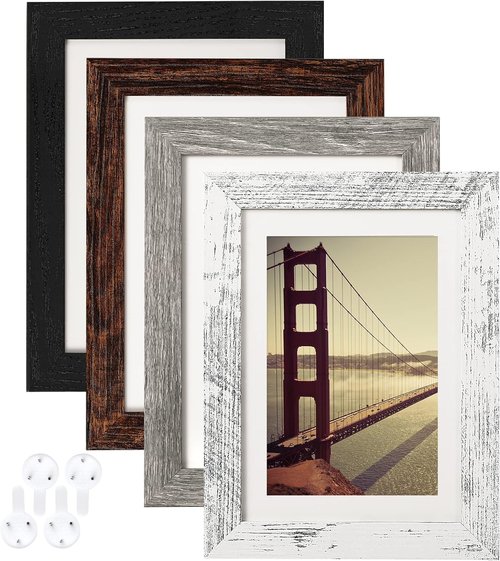 BAIJIALI 5x7 Picture Frame Set of 4 - Distressed Farmhouse Wood Design | Display 4x6 with Mat or 5x7 Without Mat